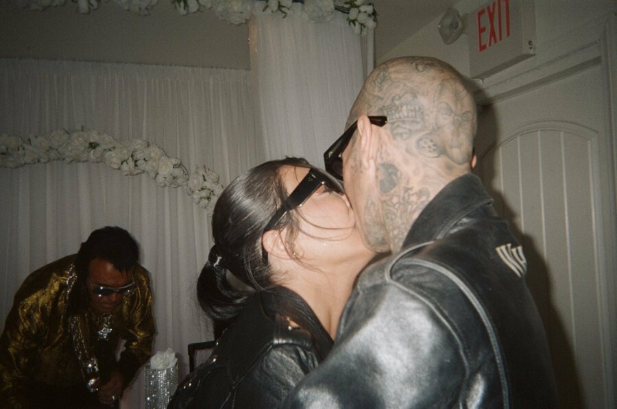 The First Kourtney Kardashian & Travis Barker Wedding Photos | Sunglasses, Leather Jackets