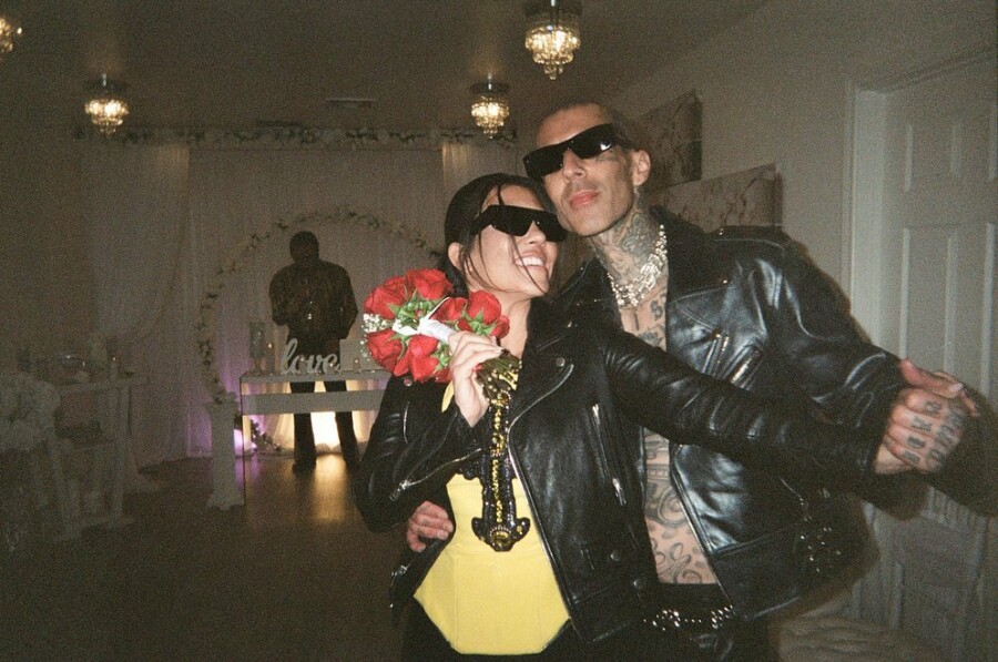 The First Kourtney Kardashian & Travis Barker Wedding Photos | Sunglasses, Leather Jackets