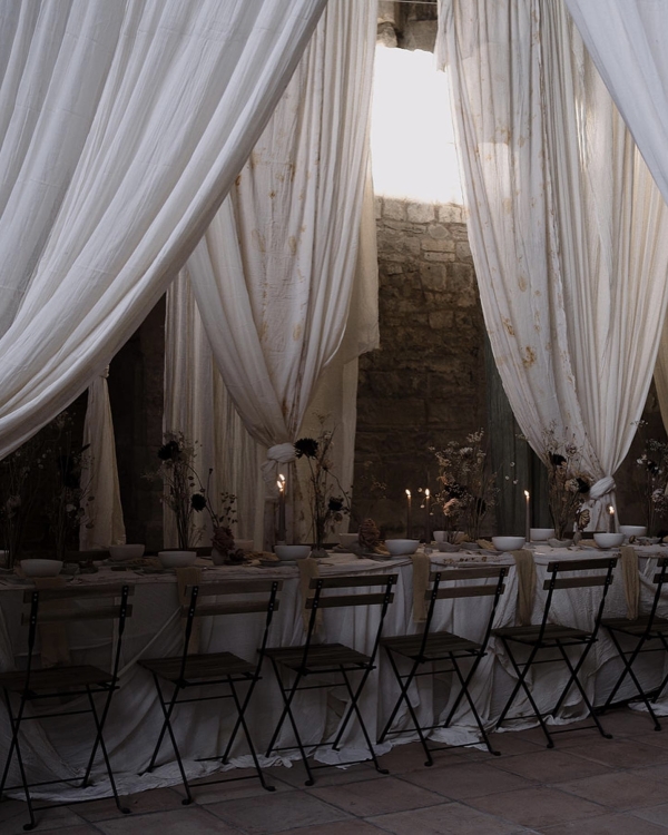 Classical European for Wedding Decor | Draped Fabrics, Candles, and Antique Silverware